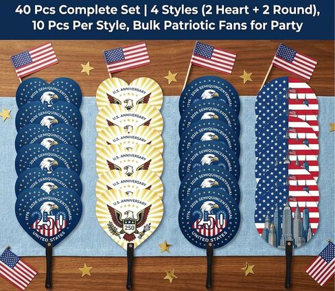 40 Pcs Patriotic 250th Anniversary Handheld Fans Bulk 4 Styles Round & Heart American Flag 4th of July Stars Stripes Red White Blue Summer Plastic Fans for Independence Memorial Day Party Favors in Saudi Arabia
