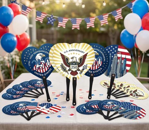 40 Pcs Patriotic 250th Anniversary Handheld Fans Bulk 4 Styles Round & Heart American Flag 4th of July Stars Stripes Red White Blue Summer Plastic Fans for Independence Memorial Day Party Favors in Saudi Arabia