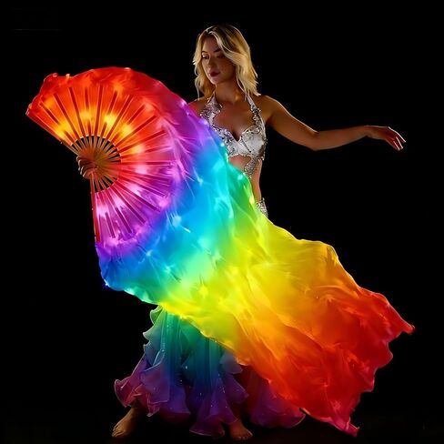 One piece LED Women Real Silk Belly Dance Fan Veil, Hand Made Silk Fans, Silk Fans Veils for Belly Dance for Dance/Outdoor (Colorful) in Saudi Arabia