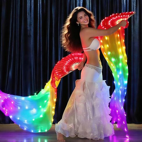 One piece LED Women Real Silk Belly Dance Fan Veil, Hand Made Silk Fans, Silk Fans Veils for Belly Dance for Dance/Outdoor (Colorful) in Saudi Arabia