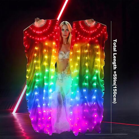 One piece LED Women Real Silk Belly Dance Fan Veil, Hand Made Silk Fans, Silk Fans Veils for Belly Dance for Dance/Outdoor (Colorful) in Saudi Arabia