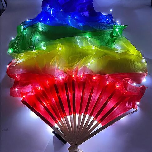 One piece LED Women Real Silk Belly Dance Fan Veil, Hand Made Silk Fans, Silk Fans Veils for Belly Dance for Dance/Outdoor (Colorful) in Saudi Arabia