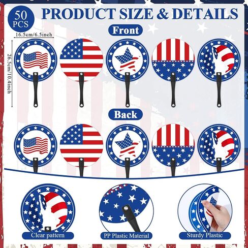 50 Pcs 4th of July Handheld fans Independence Day Fans Bulk Summer Plastic Round Stars Stripes Fan with Handle for Memorial Day Fourth of July Independence Day Party Favors Parade Gifts (Patriotic) in Kuwait