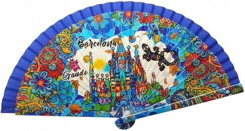 BDM Barcelona Spanish Wooden Fan Inspired by Barcelona and Gaudí | Made in Spain | Travel Souvenir and Original Gift | Trencadís-Style Mosaic Art in Saudi Arabia