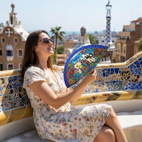BDM Barcelona Spanish Wooden Fan Inspired by Barcelona and Gaudí | Made in Spain | Travel Souvenir and Original Gift | Trencadís-Style Mosaic Art in Saudi Arabia