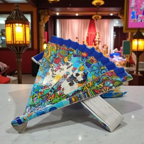 BDM Barcelona Spanish Wooden Fan Inspired by Barcelona and Gaudí | Made in Spain | Travel Souvenir and Original Gift | Trencadís-Style Mosaic Art in Saudi Arabia