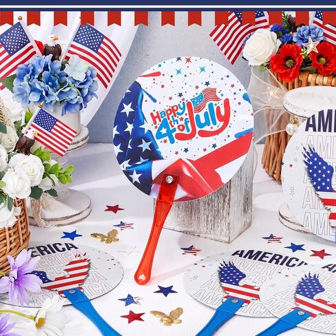Novabright 50 Pcs Patriotic Hand Fans 4th of July Independence Day Handheld Fans Red White and Blue American Flag Stars Summer Plastic Round Handheld Fan with Handle Bulk for Parade USA Party Favors in Saudi Arabia