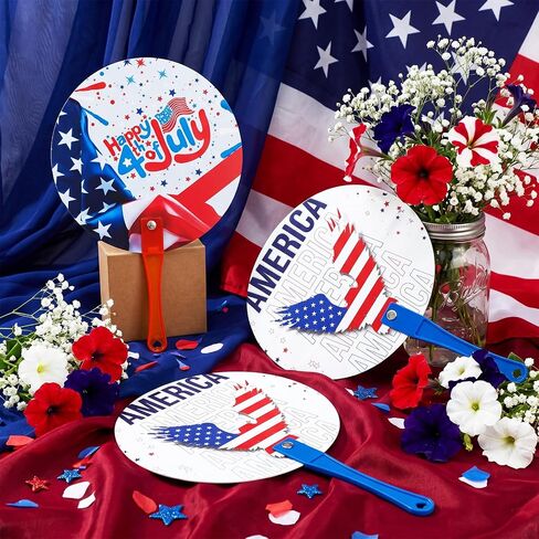 Novabright 50 Pcs Patriotic Hand Fans 4th of July Independence Day Handheld Fans Red White and Blue American Flag Stars Summer Plastic Round Handheld Fan with Handle Bulk for Parade USA Party Favors in Saudi Arabia