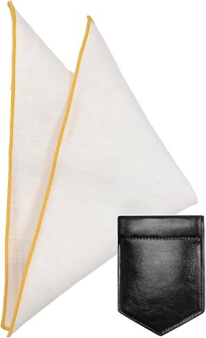Linen Pocket Squares for Men with Leather Holder 10x10 Inch Prefolded Men's Handkerchief White Pocket Squares in Kuwait