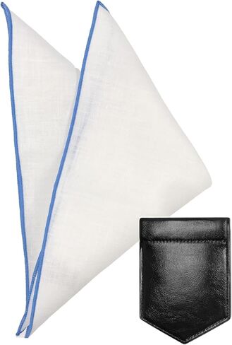 Linen Pocket Squares for Men with Leather Holder 10x10 Inch Prefolded Men's Handkerchief White Pocket Squares in Kuwait