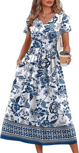OFEEFAN Summer Dresses for Women Flowy Casual A-Line Midi Dress Beach Vacation Sundresses with Pockets S-2XL in Kuwait