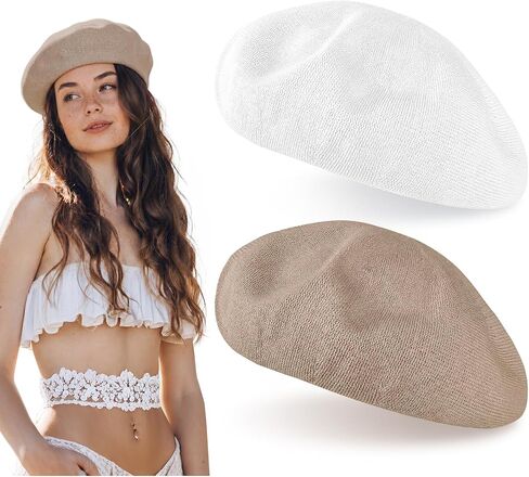 Unittype 2 Pcs Summer French Beret for Women Summer Knitted Thin Beret Hat Breathable Thin Solid Color Mesh Adjustable Octagonal Cap Beach Beanie for Women in Saudi Arabia