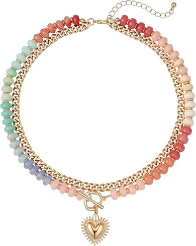 Layered Necklaces for Women, 14K Gold Plated Heart Pendant & Colorful Acrylic Beaded Choker, Cute Trendy Jewelry, Anti-Tangle Single Clasp Design, Summer Beach Boho Necklace for Women in Saudi Arabia