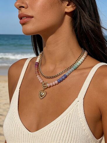 Layered Necklaces for Women, 14K Gold Plated Heart Pendant & Colorful Acrylic Beaded Choker, Cute Trendy Jewelry, Anti-Tangle Single Clasp Design, Summer Beach Boho Necklace for Women in Saudi Arabia