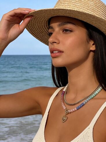 Layered Necklaces for Women, 14K Gold Plated Heart Pendant & Colorful Acrylic Beaded Choker, Cute Trendy Jewelry, Anti-Tangle Single Clasp Design, Summer Beach Boho Necklace for Women in Saudi Arabia