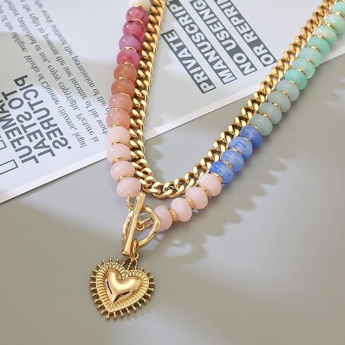 Layered Necklaces for Women, 14K Gold Plated Heart Pendant & Colorful Acrylic Beaded Choker, Cute Trendy Jewelry, Anti-Tangle Single Clasp Design, Summer Beach Boho Necklace for Women in Saudi Arabia