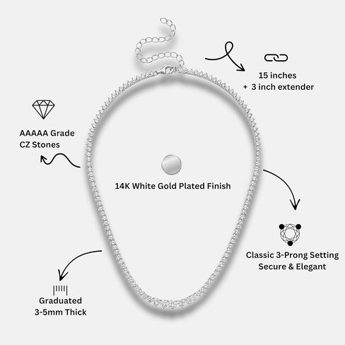 KISPER Graduated Tennis Necklace for Women – 14K Gold Plated 5A CZ Simulated Diamond Necklace – 3-Prong Setting, 3-5mm Stones, Adjustable 15-18" in Kuwait