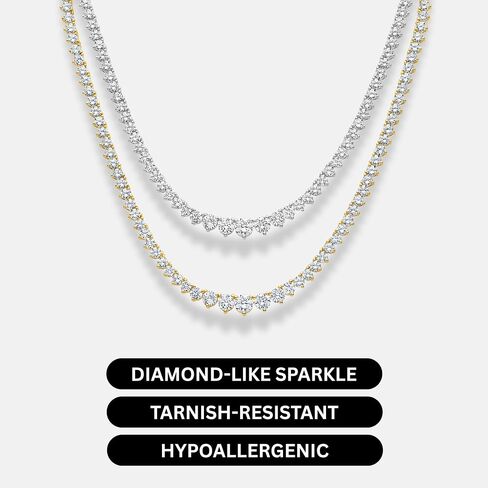 KISPER Graduated Tennis Necklace for Women – 14K Gold Plated 5A CZ Simulated Diamond Necklace – 3-Prong Setting, 3-5mm Stones, Adjustable 15-18" in Kuwait