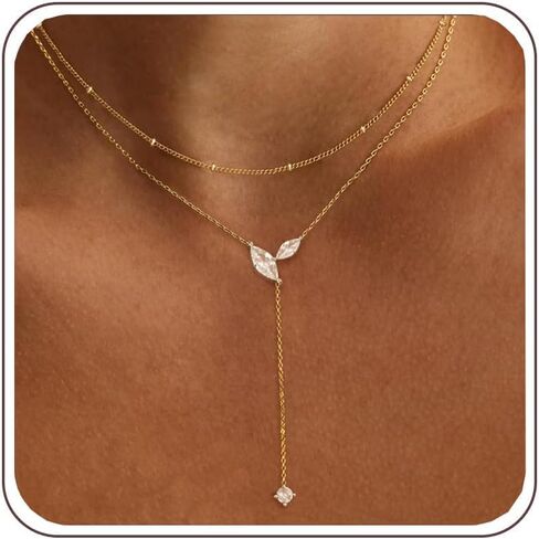 Gold Necklace for Women - Dainty Long Lariat Necklace 14K Gold Plated Clover Star Teardrop CZ Y Shaped Drop Necklaces Cute Long Necklaces for Women Trendy Prom Formal Womens Jewelry in Saudi Arabia