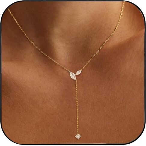 Gold Necklace for Women - Dainty Long Lariat Necklace 14K Gold Plated Clover Star Teardrop CZ Y Shaped Drop Necklaces Cute Long Necklaces for Women Trendy Prom Formal Womens Jewelry in Saudi Arabia