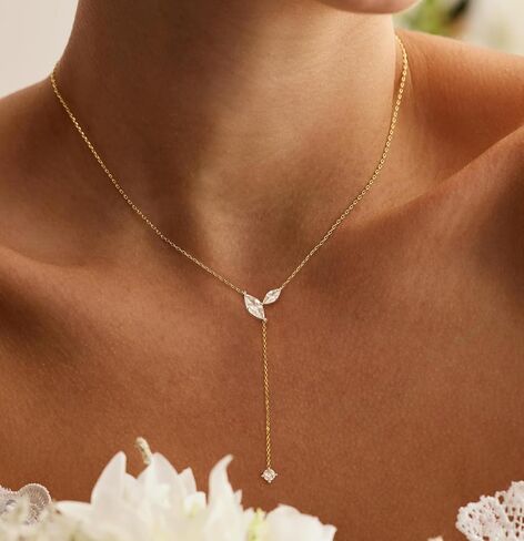 Gold Necklace for Women - Dainty Long Lariat Necklace 14K Gold Plated Clover Star Teardrop CZ Y Shaped Drop Necklaces Cute Long Necklaces for Women Trendy Prom Formal Womens Jewelry in Saudi Arabia