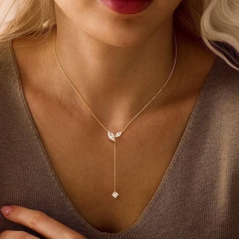 Gold Necklace for Women - Dainty Long Lariat Necklace 14K Gold Plated Clover Star Teardrop CZ Y Shaped Drop Necklaces Cute Long Necklaces for Women Trendy Prom Formal Womens Jewelry in Saudi Arabia