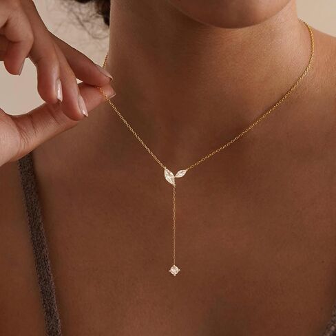 Gold Necklace for Women - Dainty Long Lariat Necklace 14K Gold Plated Clover Star Teardrop CZ Y Shaped Drop Necklaces Cute Long Necklaces for Women Trendy Prom Formal Womens Jewelry in Saudi Arabia