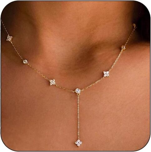 Gold Necklace for Women - Dainty Long Lariat Necklace 14K Gold Plated Clover Star Teardrop CZ Y Shaped Drop Necklaces Cute Long Necklaces for Women Trendy Prom Formal Womens Jewelry in Saudi Arabia