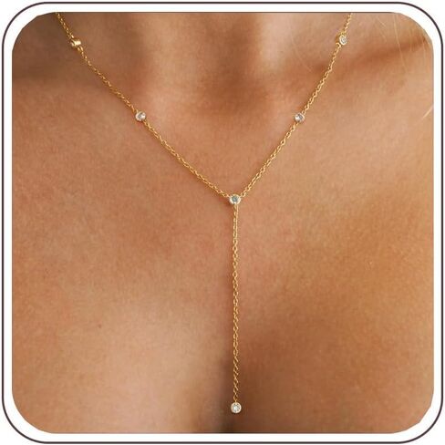Gold Necklace for Women - Dainty Long Lariat Necklace 14K Gold Plated Clover Star Teardrop CZ Y Shaped Drop Necklaces Cute Long Necklaces for Women Trendy Prom Formal Womens Jewelry in Saudi Arabia