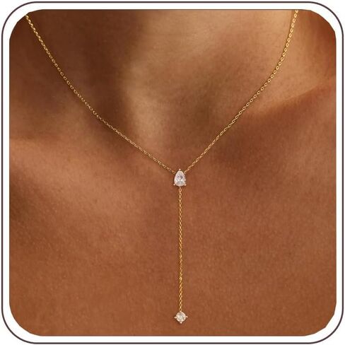 Gold Necklace for Women - Dainty Long Lariat Necklace 14K Gold Plated Clover Star Teardrop CZ Y Shaped Drop Necklaces Cute Long Necklaces for Women Trendy Prom Formal Womens Jewelry in Saudi Arabia