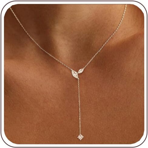Gold Necklace for Women - Dainty Long Lariat Necklace 14K Gold Plated Clover Star Teardrop CZ Y Shaped Drop Necklaces Cute Long Necklaces for Women Trendy Prom Formal Womens Jewelry in Saudi Arabia