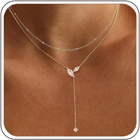 Gold Necklace for Women - Dainty Long Lariat Necklace 14K Gold Plated Clover Star Teardrop CZ Y Shaped Drop Necklaces Cute Long Necklaces for Women Trendy Prom Formal Womens Jewelry in Saudi Arabia
