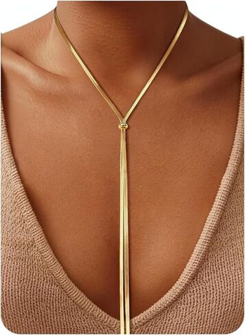Chunky Long Y Necklace for Women, Waterproof Herringbone Drop Dangle Necklace, Adjustable Lightweight Trendy Fashion Slip Tie Necklace, Thin Layered Choker Chest Chain in Kuwait