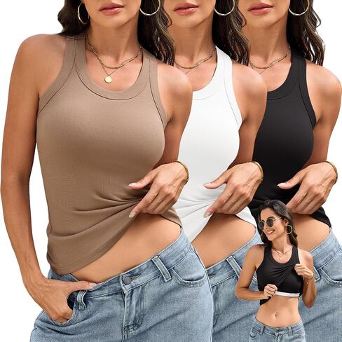 BVNSOZ 3 Piece Womens Tank Tops with Built in Bras Ribbed Sleeveless Casual Shirt Racerback Fitted Basic Workout Tank Tops in Saudi Arabia