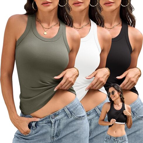 BVNSOZ 3 Piece Womens Tank Tops with Built in Bras Ribbed Sleeveless Casual Shirt Racerback Fitted Basic Workout Tank Tops in Saudi Arabia