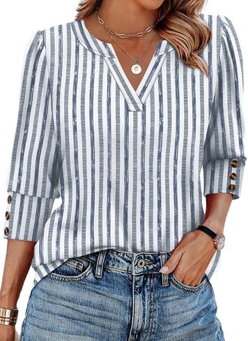 WIHOLL 3/4 Length Sleeve Womens Tops with Button Cuffs Dressy Casual V Neck Summer Outfits Early Fall Fashion Spring Clothes in Kuwait
