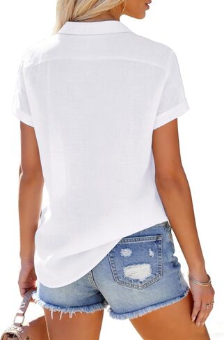 Womens Linen Shirts Short Sleeve Button Down Shirts Casual Vacation Beach Summer Tops Cowgirl Western Concert Outfits in Kuwait