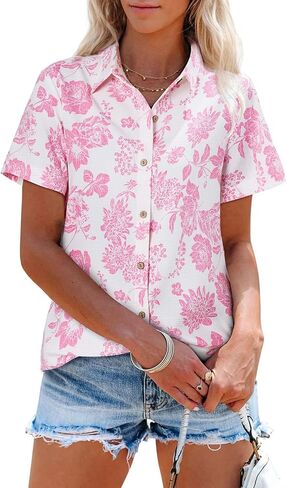 Womens Linen Shirts Short Sleeve Button Down Shirts Casual Vacation Beach Summer Tops Cowgirl Western Concert Outfits in Kuwait