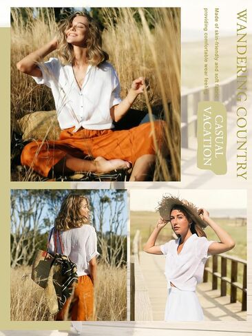 Womens Linen Shirts Short Sleeve Button Down Shirts Casual Vacation Beach Summer Tops Cowgirl Western Concert Outfits in Kuwait