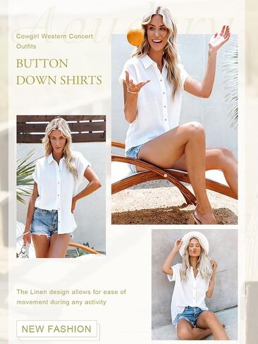 Womens Linen Shirts Short Sleeve Button Down Shirts Casual Vacation Beach Summer Tops Cowgirl Western Concert Outfits in Kuwait