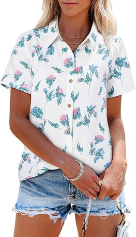 Womens Linen Shirts Short Sleeve Button Down Shirts Casual Vacation Beach Summer Tops Cowgirl Western Concert Outfits in Kuwait