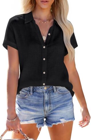 Womens Linen Shirts Short Sleeve Button Down Shirts Casual Vacation Beach Summer Tops Cowgirl Western Concert Outfits in Kuwait