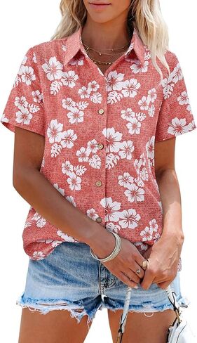 Womens Linen Shirts Short Sleeve Button Down Shirts Casual Vacation Beach Summer Tops Cowgirl Western Concert Outfits in Kuwait