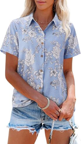Womens Linen Shirts Short Sleeve Button Down Shirts Casual Vacation Beach Summer Tops Cowgirl Western Concert Outfits in Kuwait