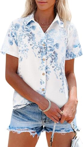 Womens Linen Shirts Short Sleeve Button Down Shirts Casual Vacation Beach Summer Tops Cowgirl Western Concert Outfits in Kuwait