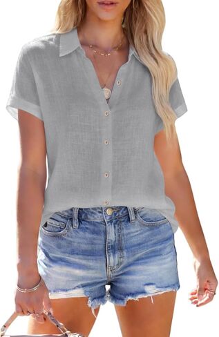 Womens Linen Shirts Short Sleeve Button Down Shirts Casual Vacation Beach Summer Tops Cowgirl Western Concert Outfits in Kuwait