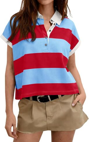 Tankaneo Womens Striped Polo Shirts Summer Short Sleeve Rugby Shirt Oversized Cotton Collared Casual Loose Cropped Tee Tops in Kuwait