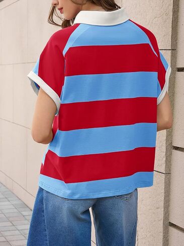 Tankaneo Womens Striped Polo Shirts Summer Short Sleeve Rugby Shirt Oversized Cotton Collared Casual Loose Cropped Tee Tops in Kuwait