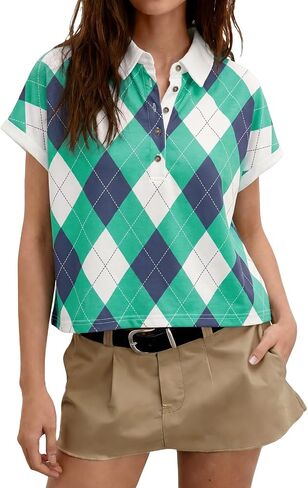 Tankaneo Womens Striped Polo Shirts Summer Short Sleeve Rugby Shirt Oversized Cotton Collared Casual Loose Cropped Tee Tops in Kuwait