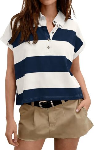 Tankaneo Womens Striped Polo Shirts Summer Short Sleeve Rugby Shirt Oversized Cotton Collared Casual Loose Cropped Tee Tops in Kuwait